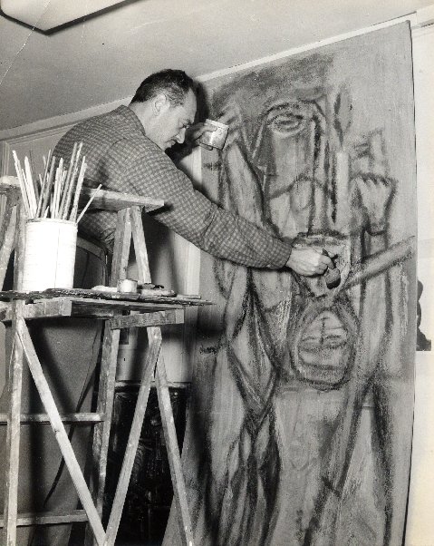 Ben Wilson at work in 1954 on a figurative painting of a mythic theme.